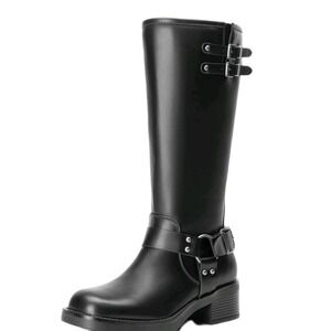 DREAM PAIRS Women's Size 6, Motorcycle Boots, Faux Leather, Black With Buckles